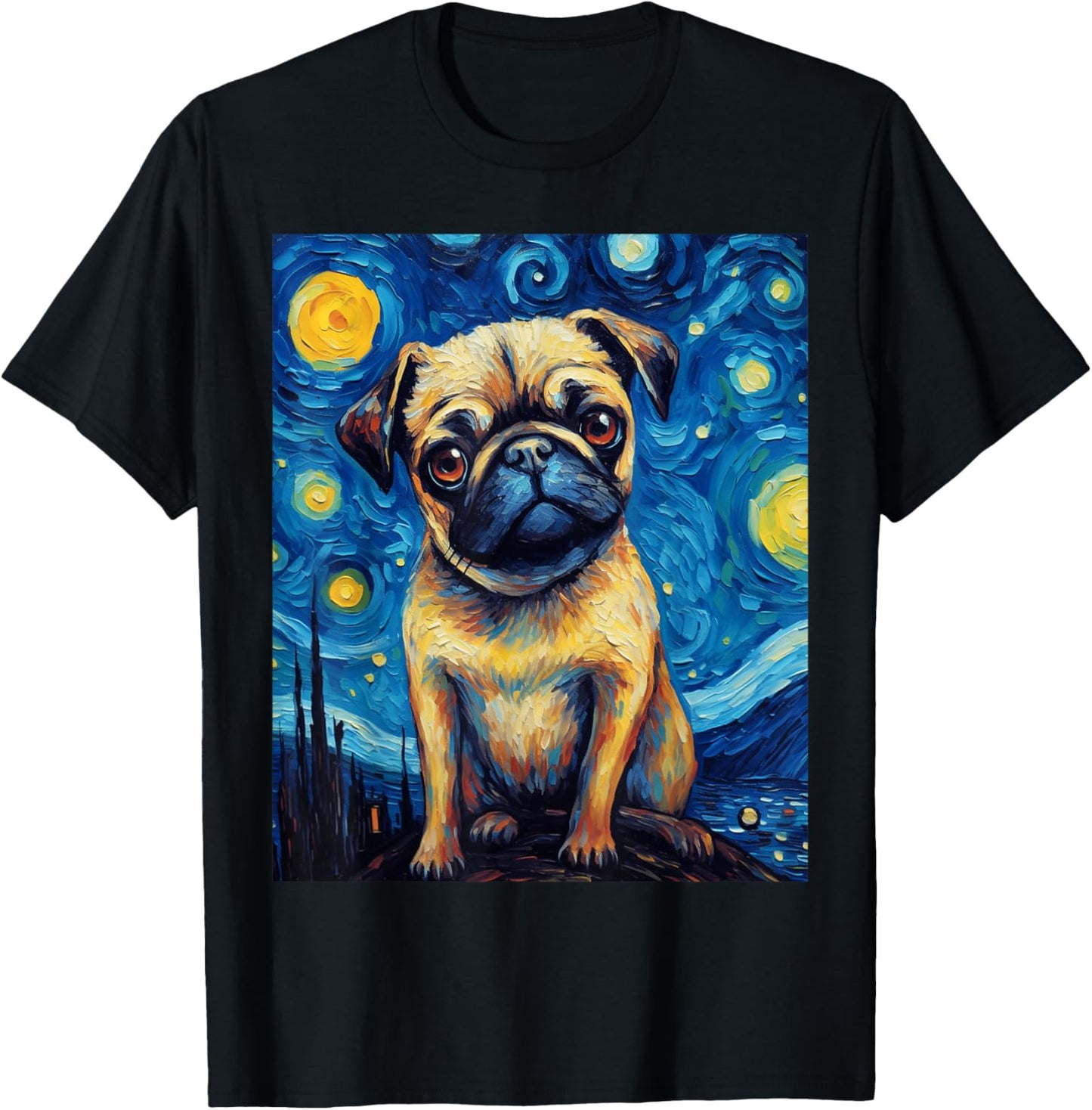 Starry Night Pug Dog Van Gogh Sky Painting Art Pug Lovers T-Shirt - T-Shirt | Black
