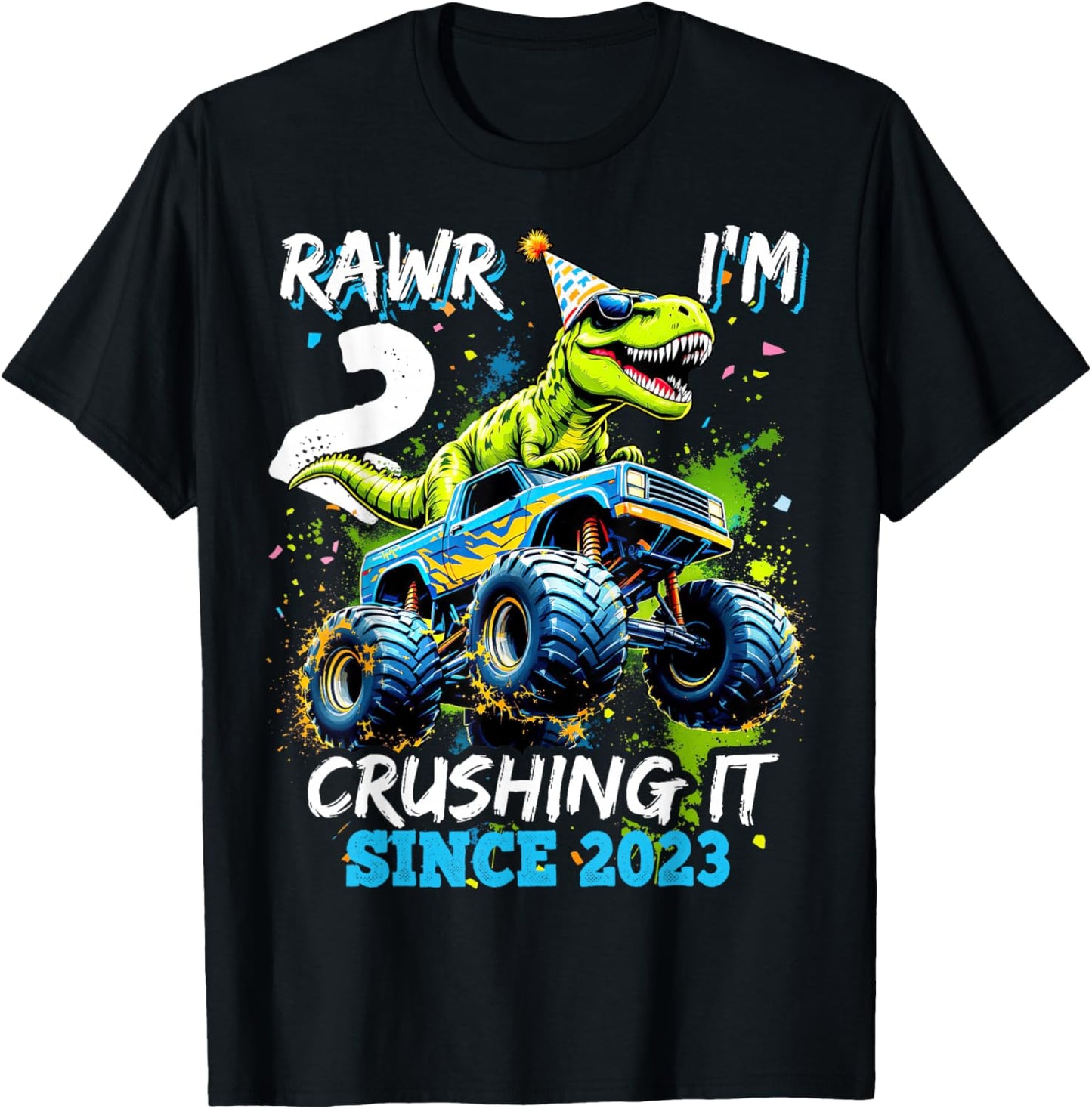 2nd Birthday Monster Truck Dinosaur Party Boys Rawr I'm 2 T-Shirt - T-Shirt | Black