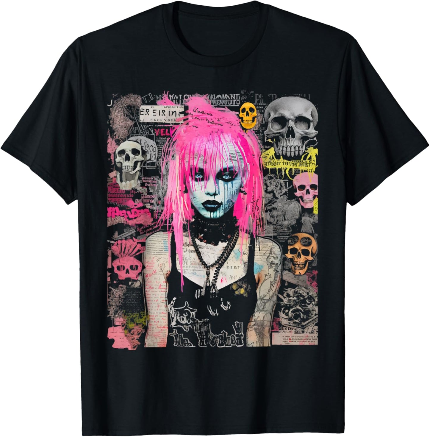 Pink Hair Punk Goth Witch With Skull Collage Background T-Shirt - T-Shirt | Black