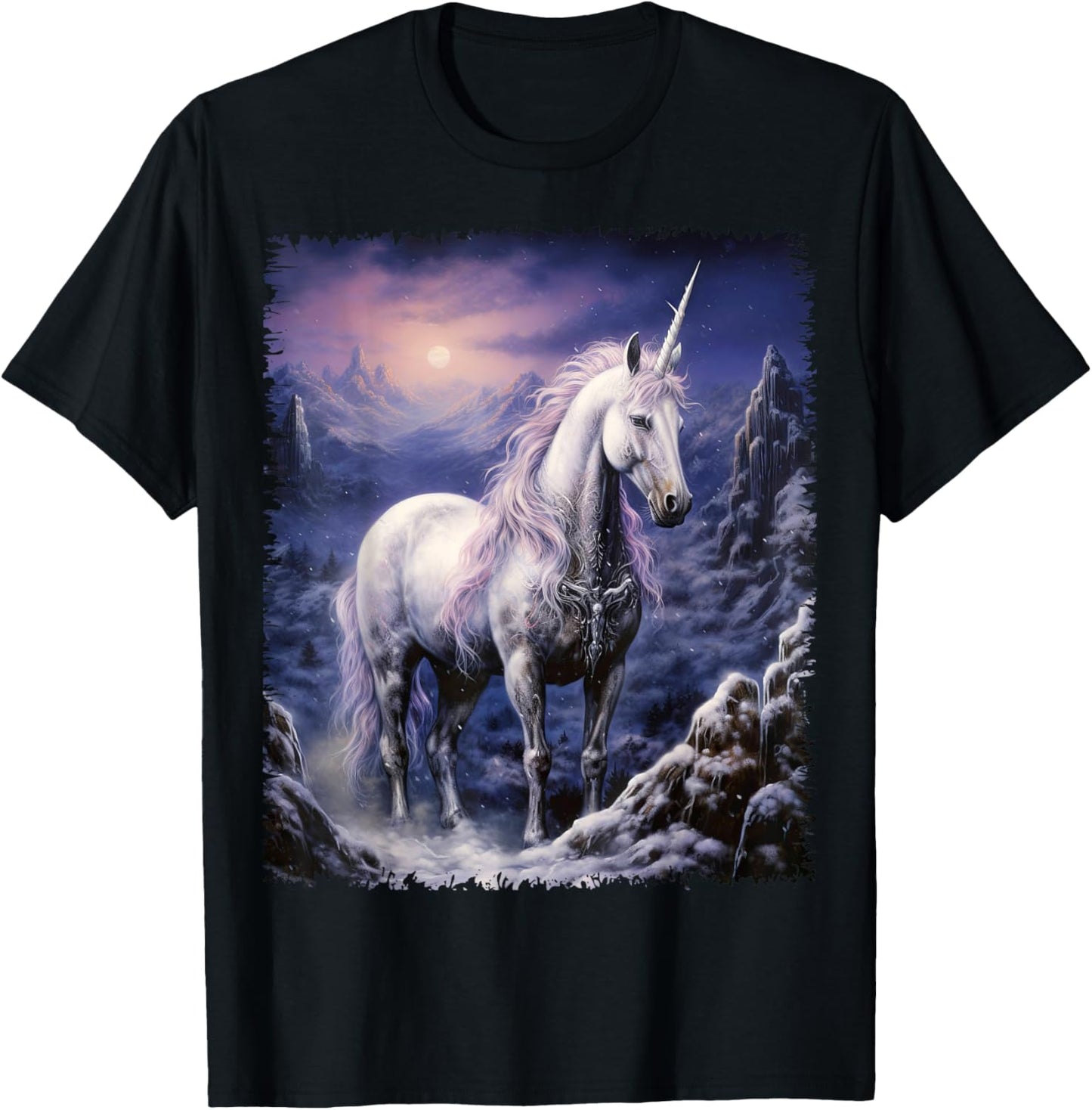 Fantasy white Unicorn standing in the snowy forest T-Shirt - T-Shirt | Black