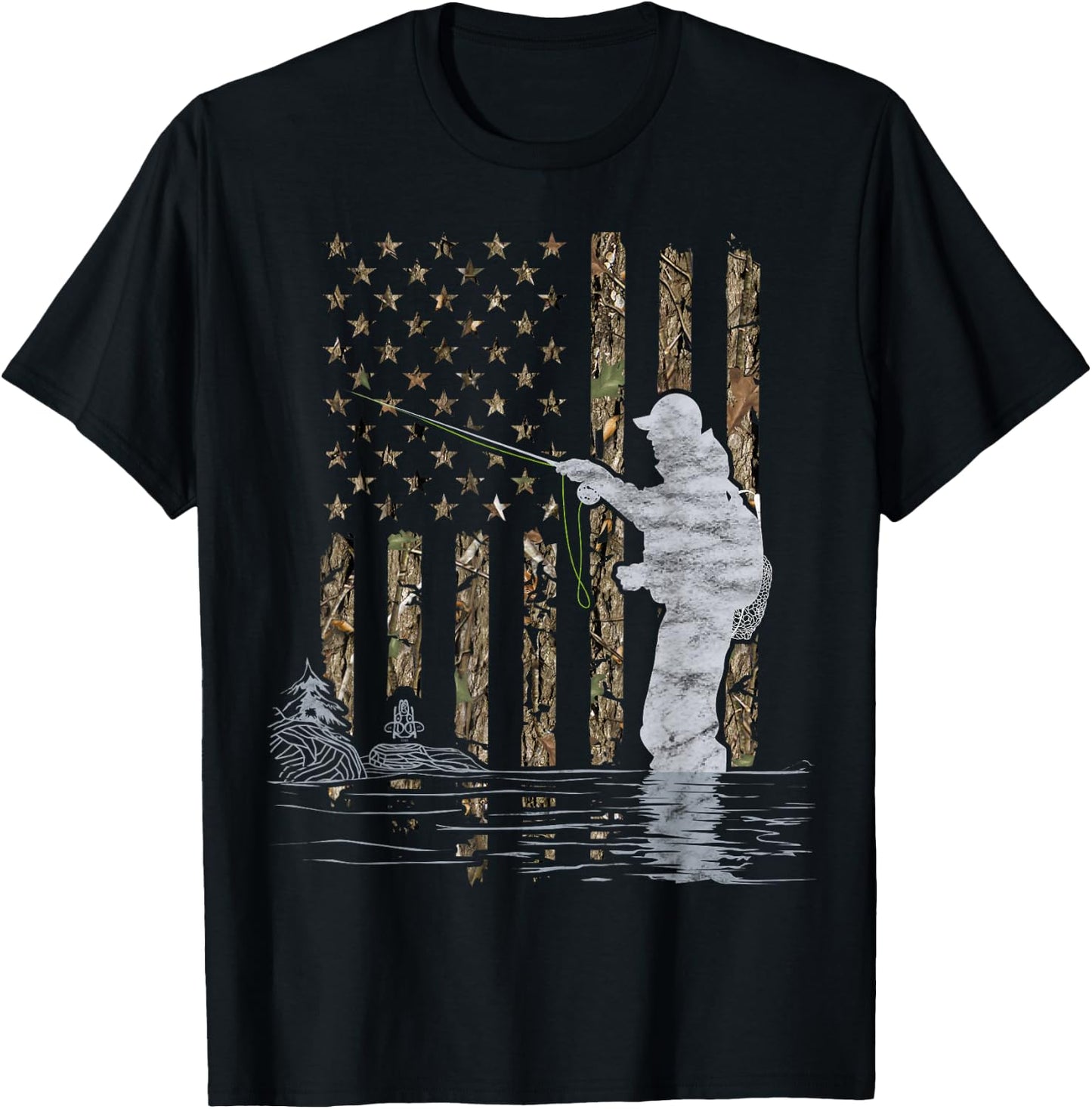 Fly Fishing Fisherman American Flag Camouflage Fly Tying T-Shirt - T-Shirt | Black