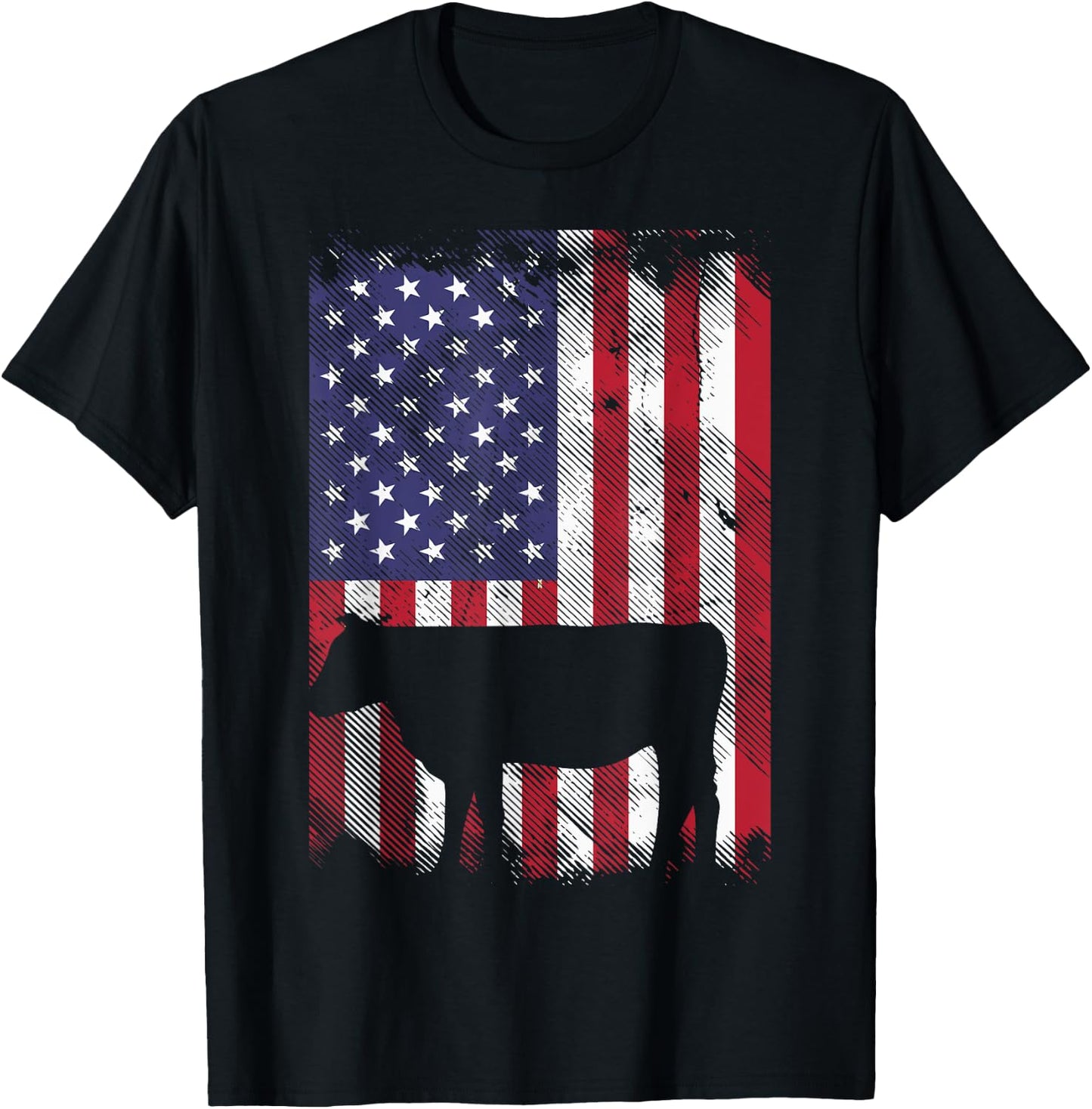 American Flag Cow Vintage Farm Animal Patriotic Farmer Gift T-Shirt - T-Shirt | Black