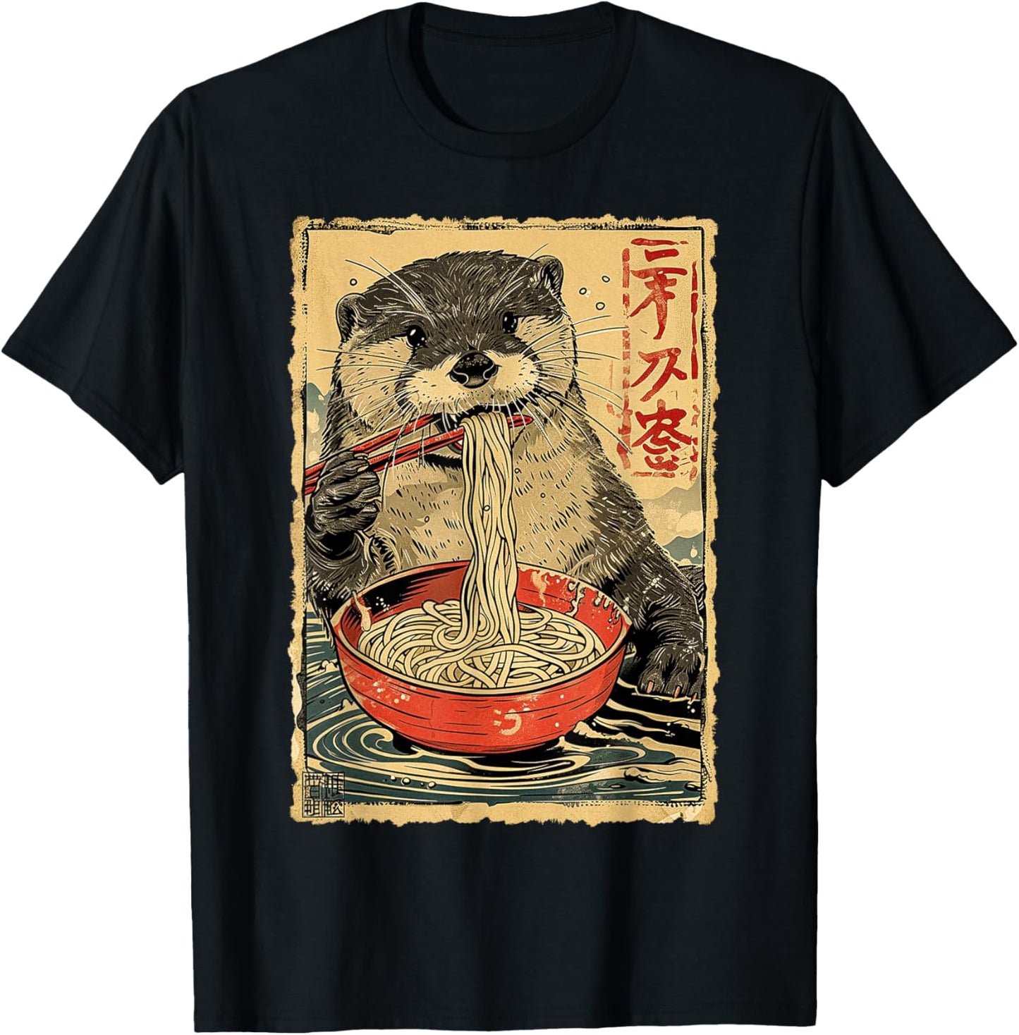Funny Vintage Japanese Art Otter Eating Ramen Noodles Kids T-Shirt - T-Shirt | Black
