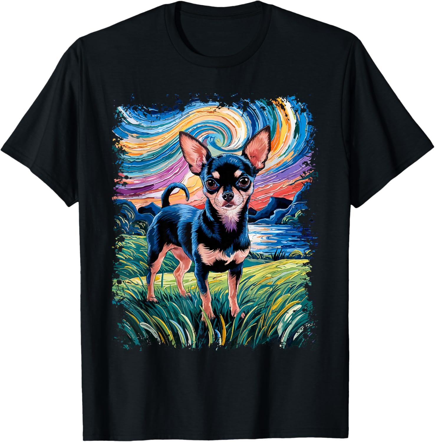 Black and Tan Smooth Chihuahua Starry Night Dog T-Shirt - T-Shirt | Black