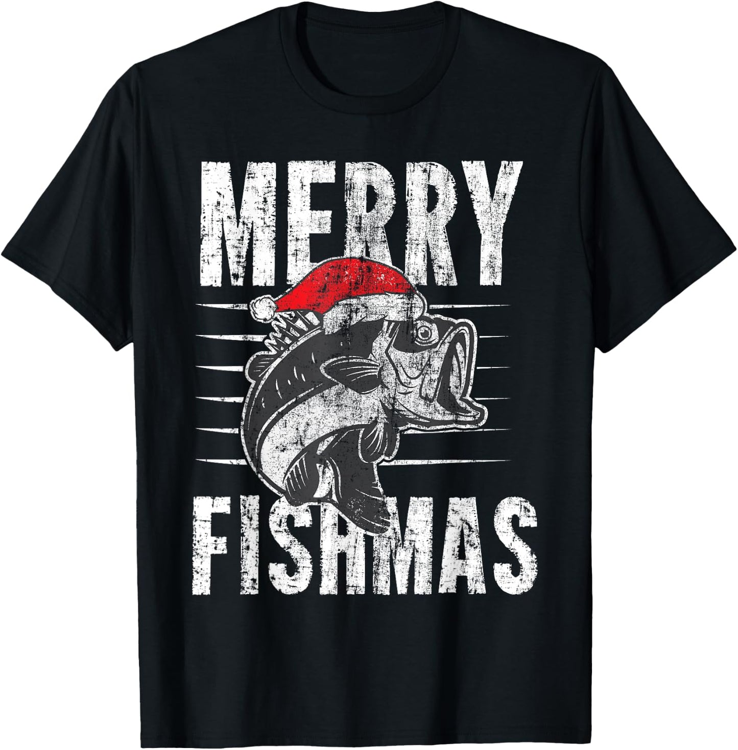 Merry Fishmas Funny Christmas Fishing Distressed Gift T-Shirt - T-Shirt | Black