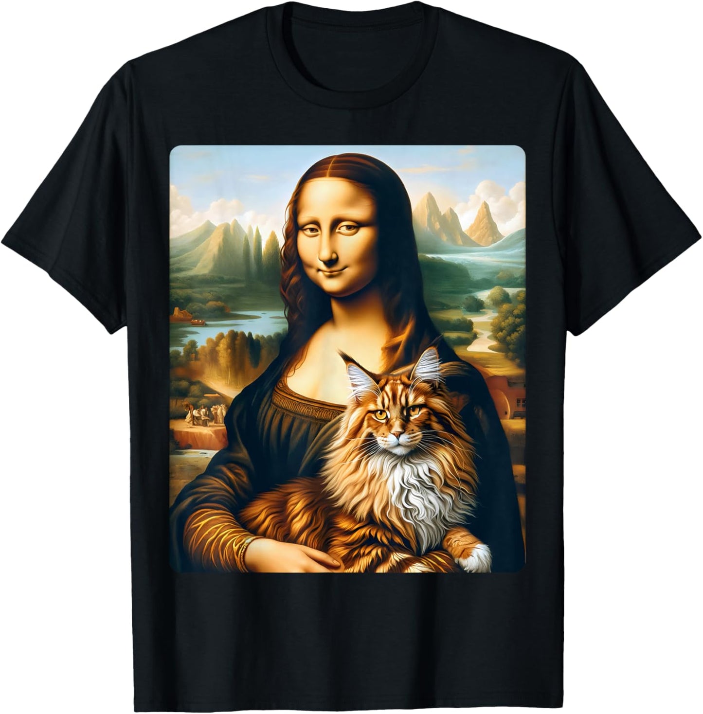 Mona Lisa's Feline Companion: Maine Coon Cat Artwork Women Kids T-Shirt - T-Shirt | Black