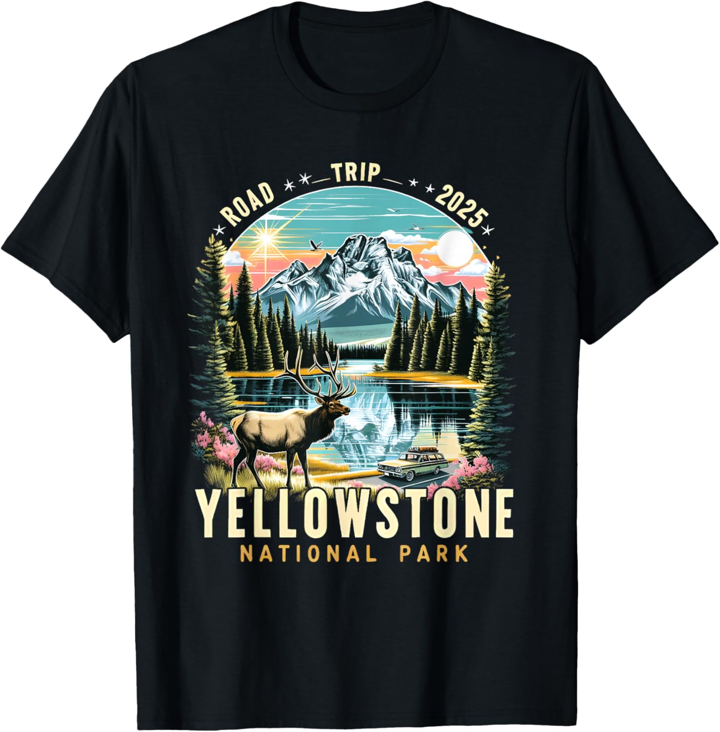 Yellowstone Road Trip 2025 Nature Adventure Souvenir Graphic T-Shirt - T-Shirt | Black