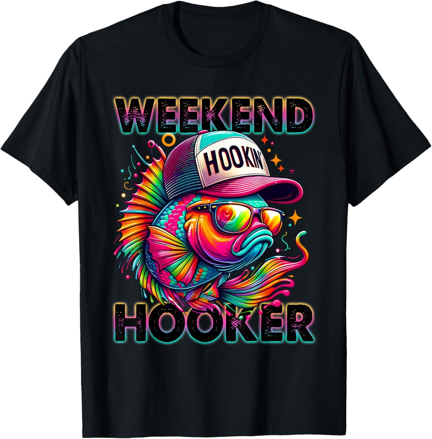 Weekend Hooker Funny Fishing Colorful Tie Dye Seabass Fish T-Shirt - T-Shirt | Black