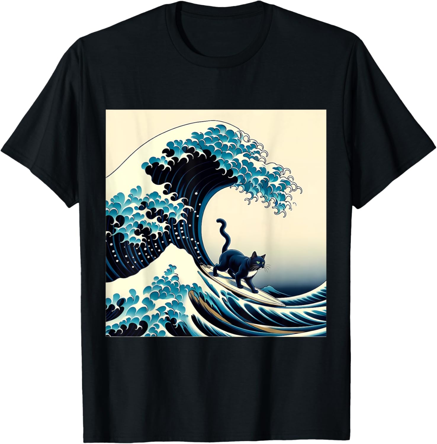Black Cat With Surf Surfing The Great Wave Men Women Kids T-Shirt - T-Shirt | Black