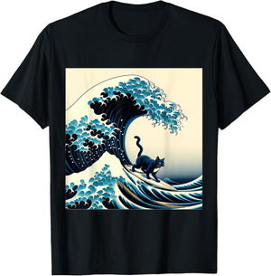 Black Cat With Surf Surfing The Great Wave Men Women Kids T-Shirt - T-Shirt | Black