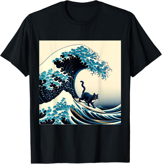 Black Cat With Surf Surfing The Great Wave Men Women Kids T-Shirt - T-Shirt | Black