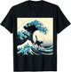 Black Cat With Surf Surfing The Great Wave Men Women Kids T-Shirt - T-Shirt | Black