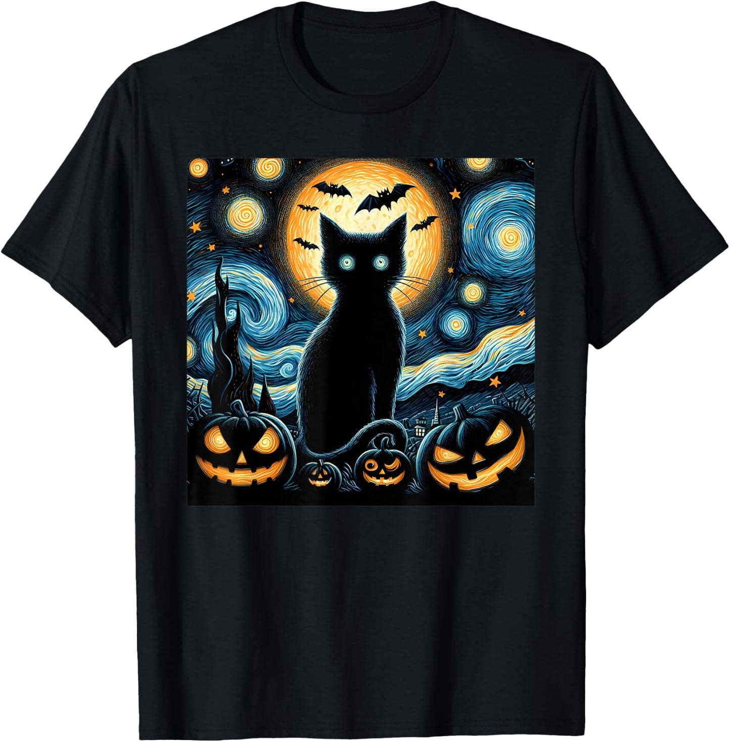 Halloween Starry Night Black Cat Van Gogh Halloween Cat Women Kids T-Shirt - T-Shirt | Black