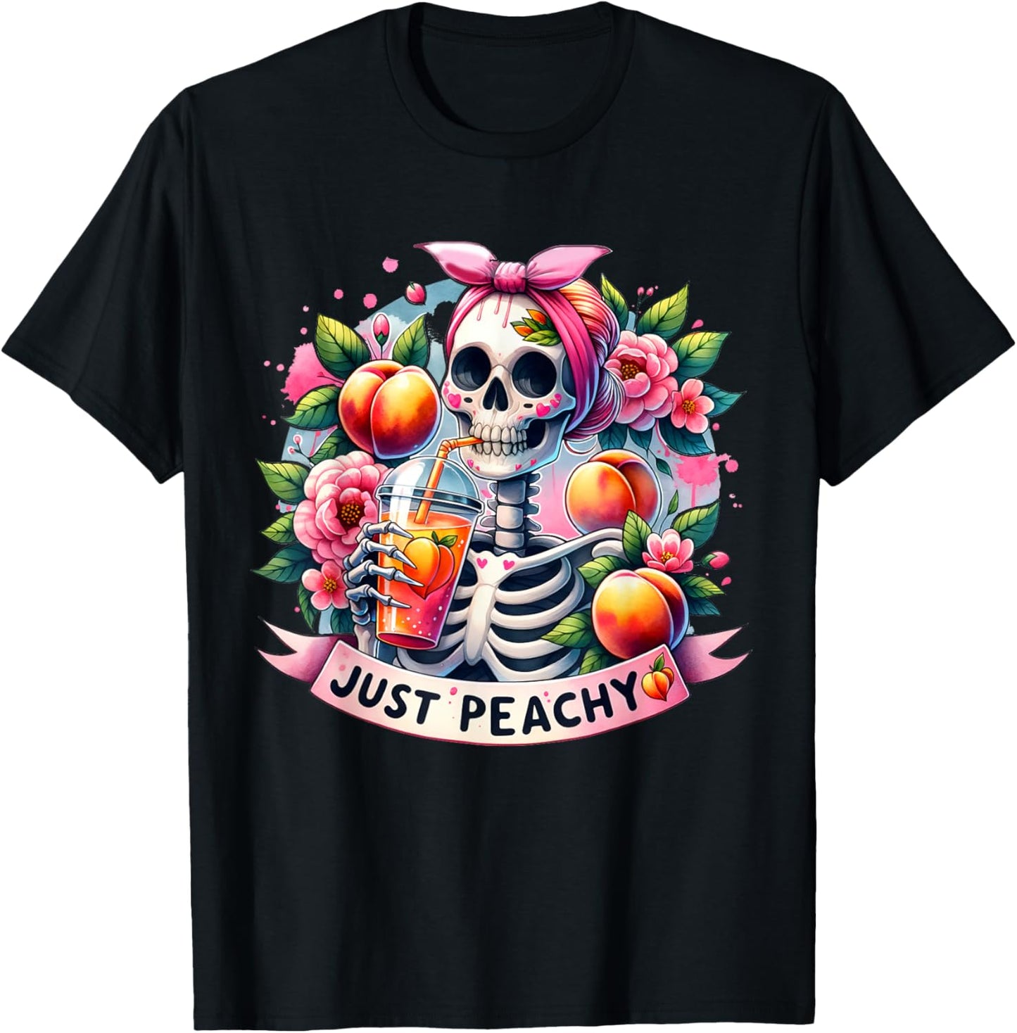 Just Peachy Skeleton Retro 70s Hippie Summer Vibes Funny Women T-Shirt - T-Shirt | Black