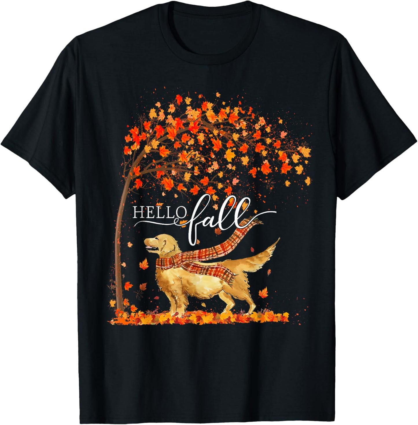 Hello Fall Tree Thanksgiving Dog Lover Golden Retriever Women T-Shirt - T-Shirt | Black