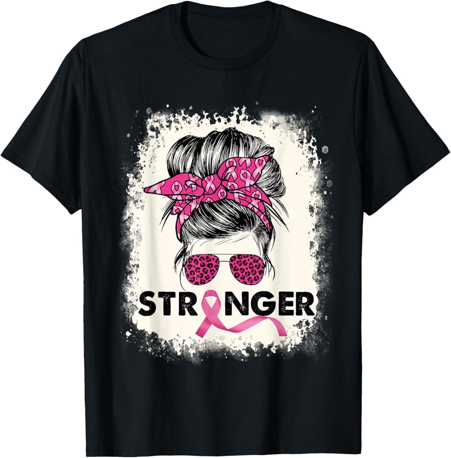 Stronger Messy Bun Breast Cancer Awareness Pink Warrior T-Shirt - T-Shirt | Black