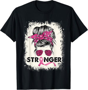 Stronger Messy Bun Breast Cancer Awareness Pink Warrior T-Shirt - T-Shirt | Black