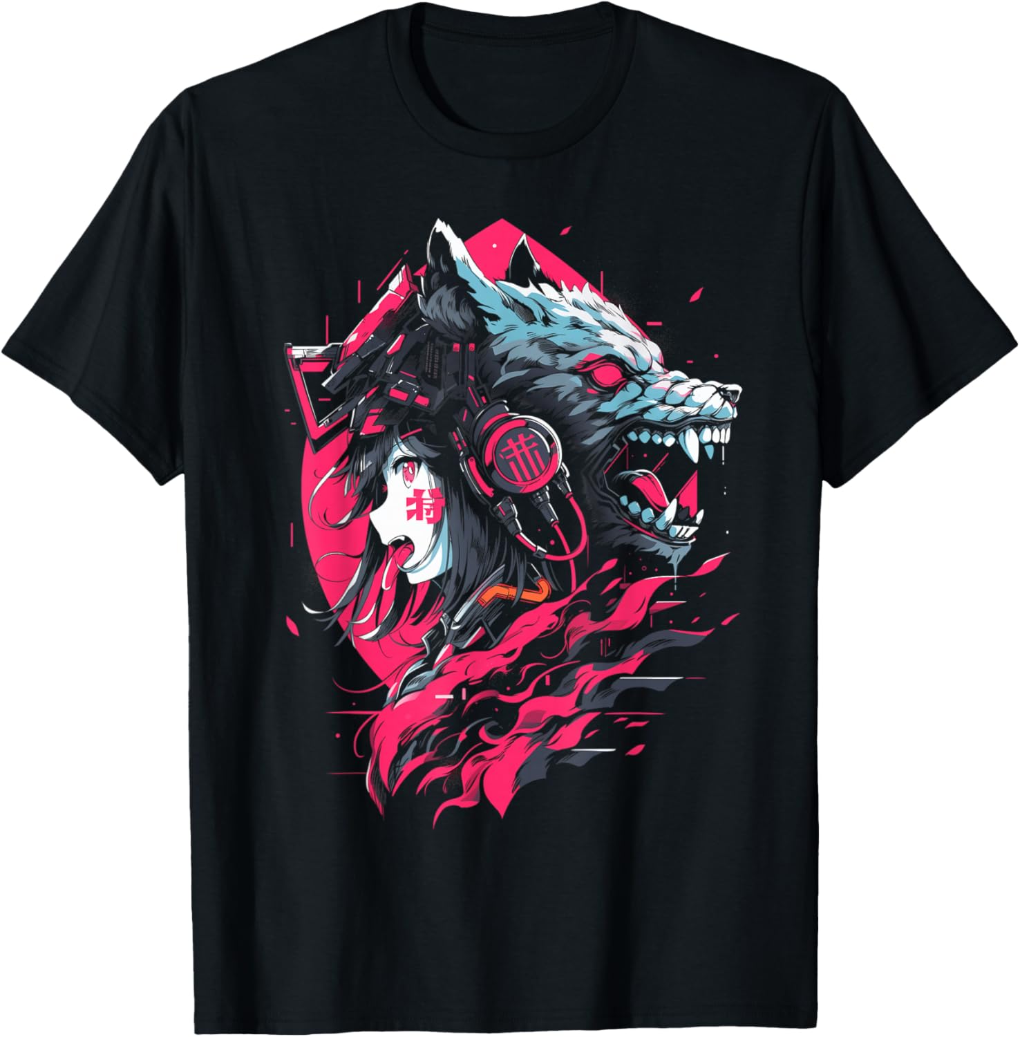 Anime Manga Cyberpunk Aesthetic Techwear Harajuku | Wolf T-Shirt - T-Shirt | Black