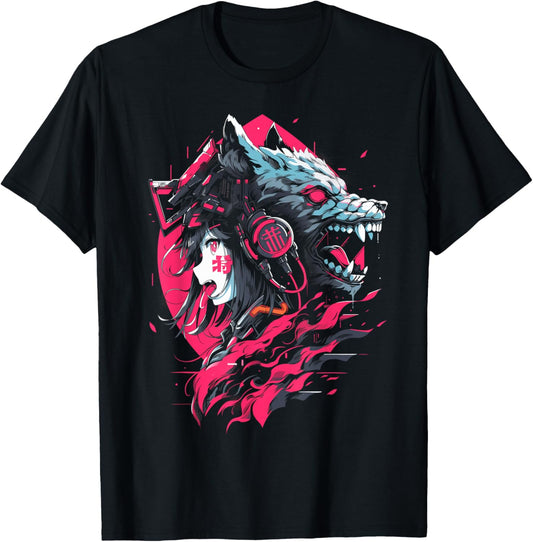 Anime Manga Cyberpunk Aesthetic Techwear Harajuku | Wolf T-Shirt - T-Shirt | Black