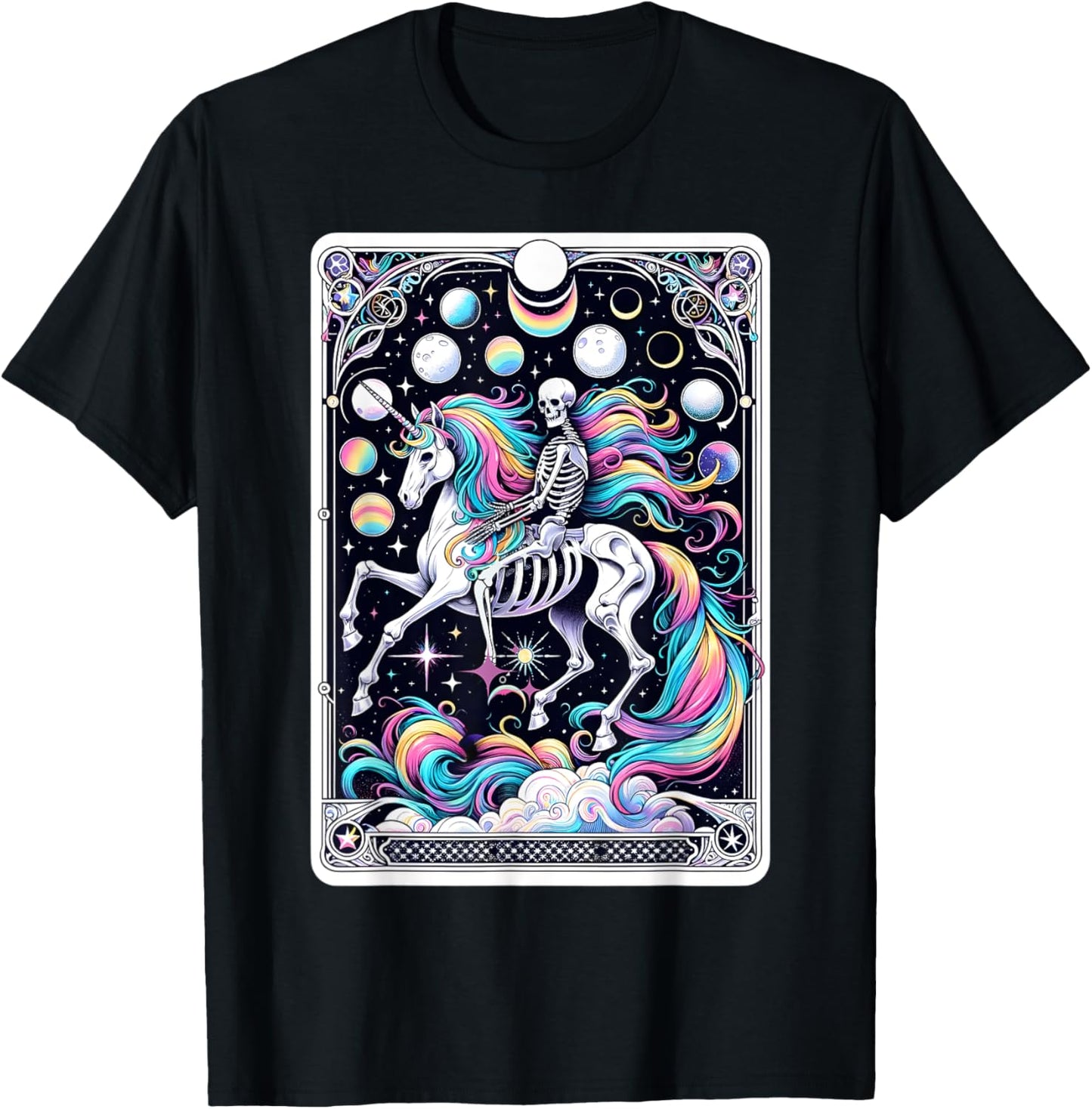 Skeleton Riding Unicorn Tarot Card Celestial Fantasy Art T-Shirt - T-Shirt | Black