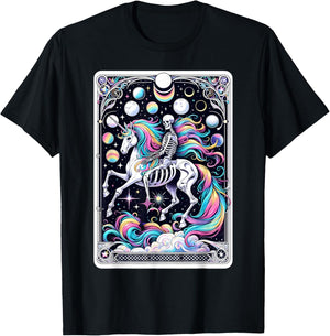 Skeleton Riding Unicorn Tarot Card Celestial Fantasy Art T-Shirt - T-Shirt | Black