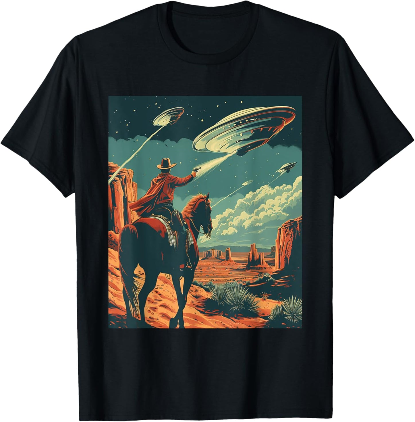Retro Desert Cowboy Riding Horse Shooting At Space UFO Art T-Shirt - T-Shirt | Black