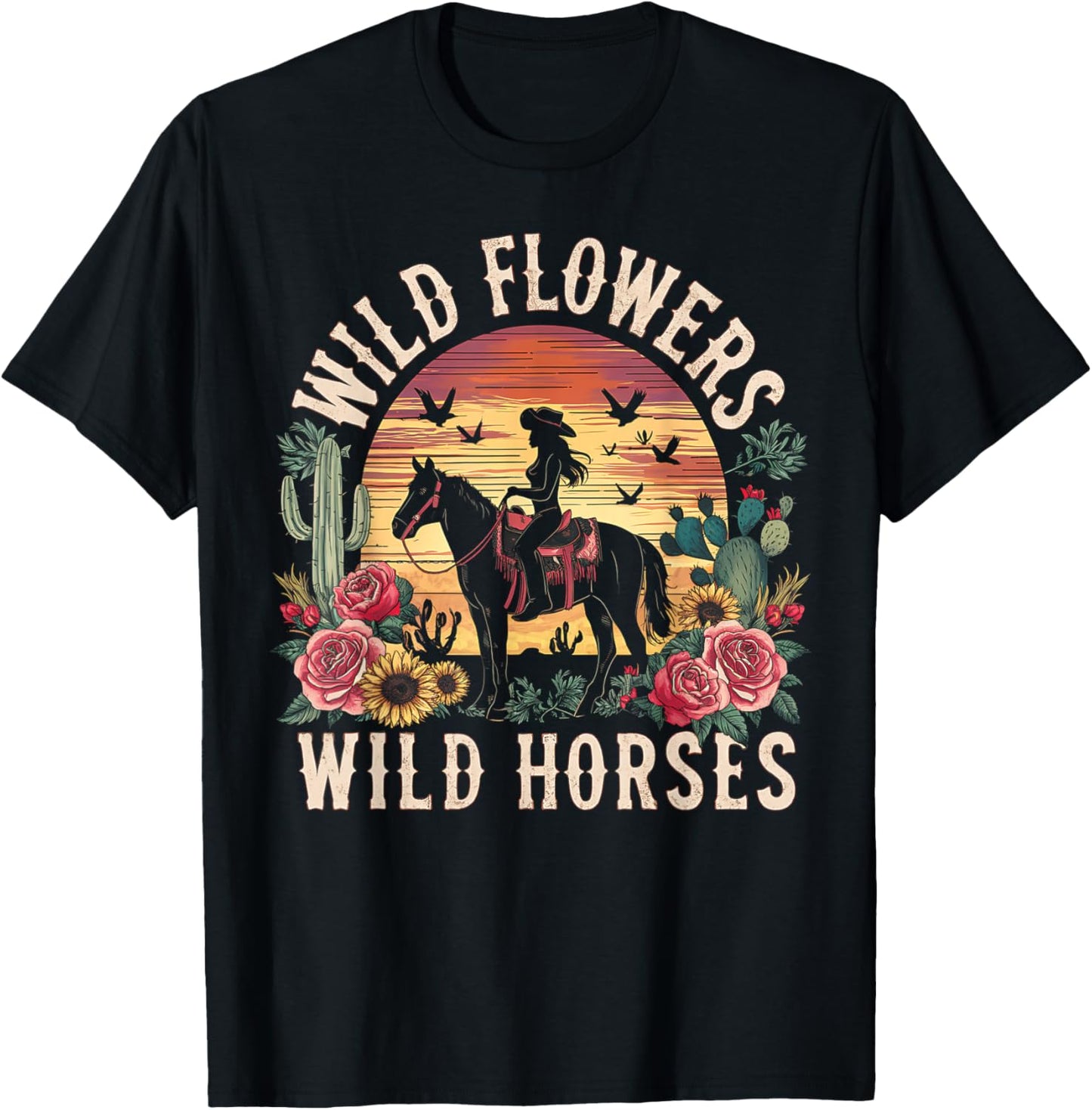 Retro Southern Sunset Cowgirl Wild Flowers Wild Horses T-Shirt - T-Shirt | Black