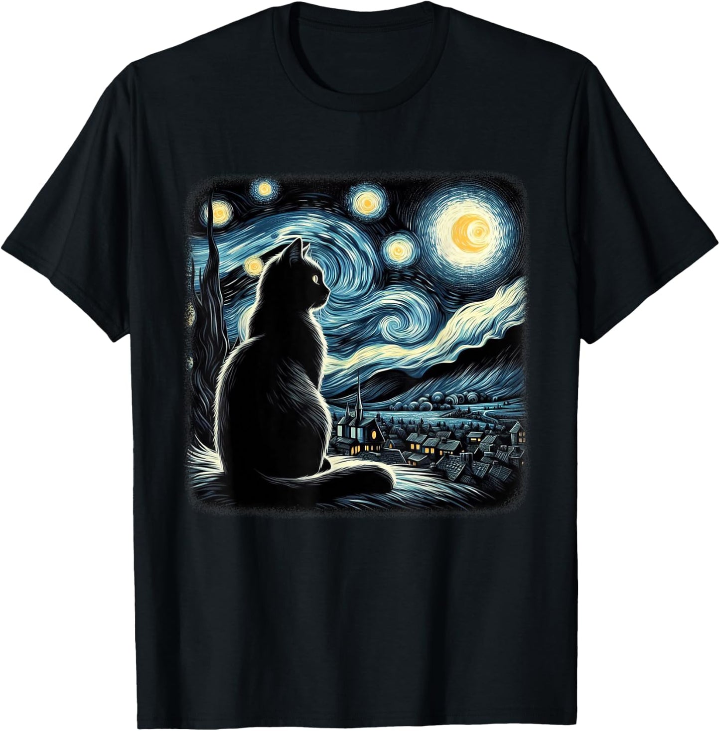 Van Gogh Starry Night Cat Art For Cat Lovers Cat Mom Cat Dad T-Shirt - T-Shirt | Black
