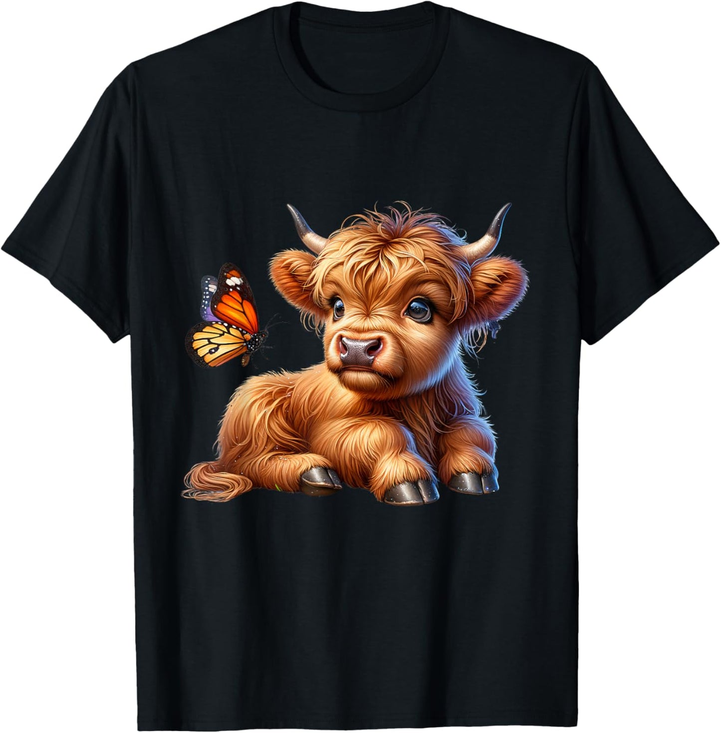 Cow, Scottish Highland Cow with Butterfly, Highland Cow T-Shirt - T-Shirt | Black