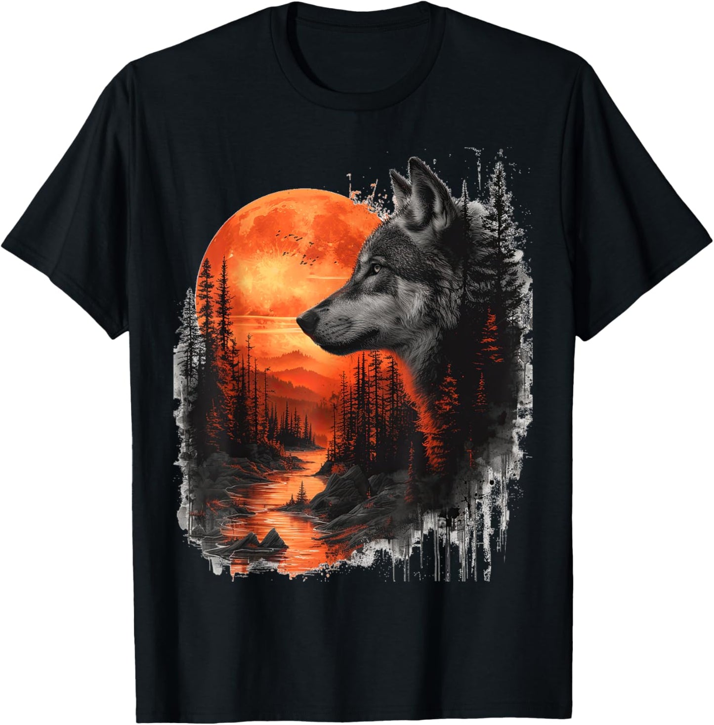 Wolf in front of moon and trees wolves wild animal T-Shirt - T-Shirt | Black