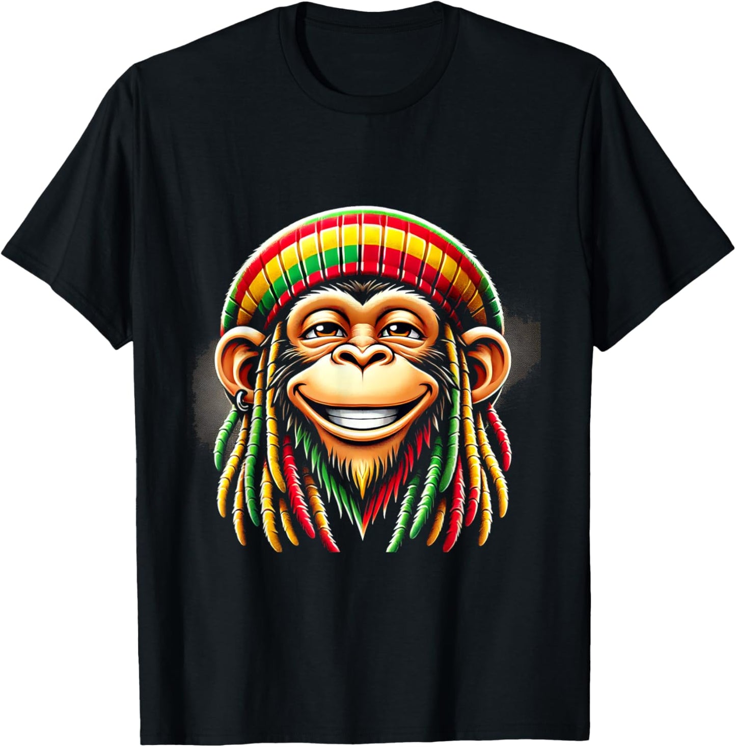 Monkey Rasta Green, Yellow, Red Animal Theme Jungle Art Monkey T-Shirt - T-Shirt | Black