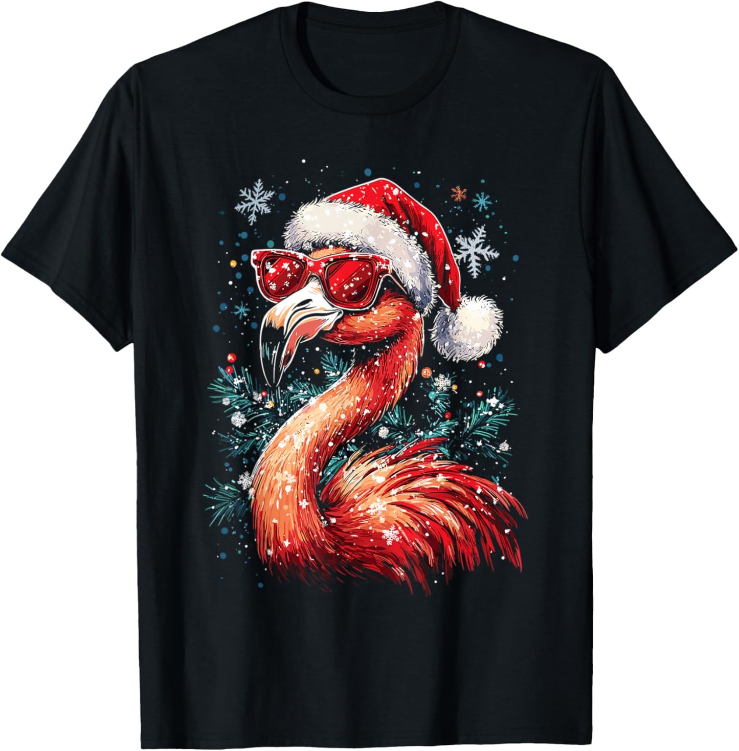 Festive Tropical Flamingo Christmas T-Shirt - T-Shirt | Black