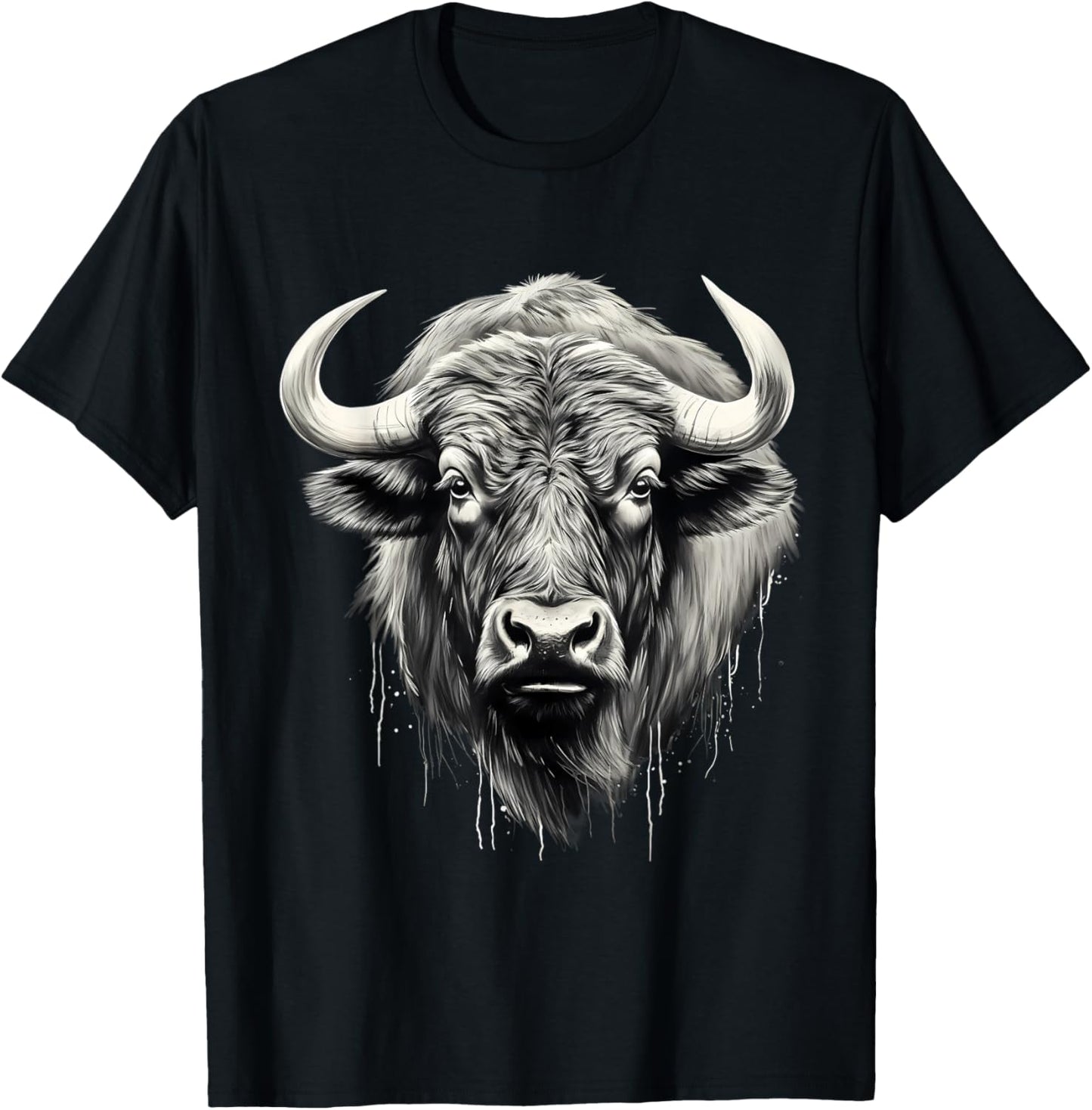 Buffalo Drawing Splash Artwork Bison Portrait Animal Print T-Shirt - T-Shirt | Black