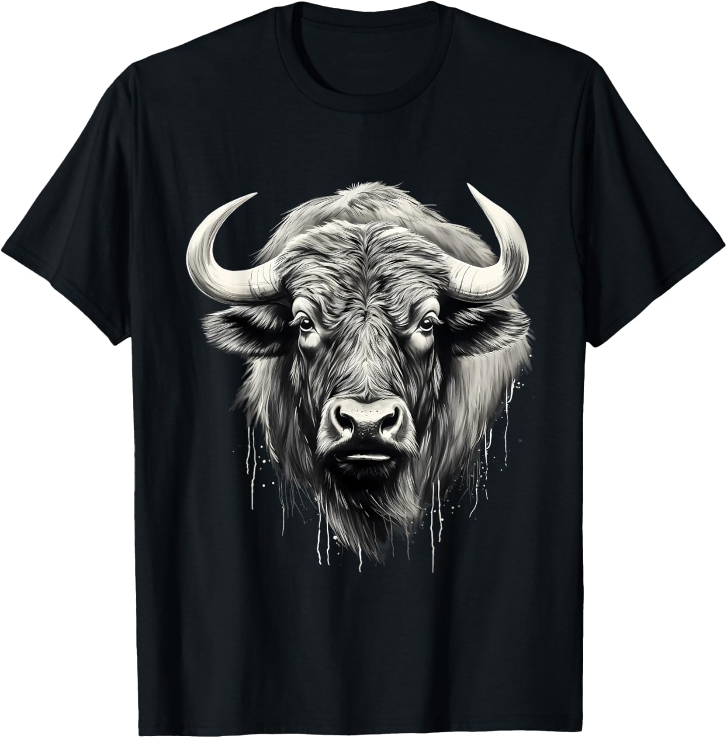 Buffalo Drawing Splash Artwork Bison Portrait Animal Print T-Shirt - T-Shirt | Black