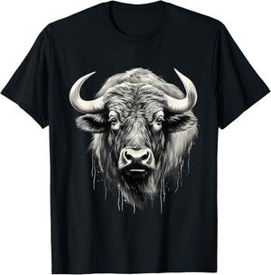Buffalo Drawing Splash Artwork Bison Portrait Animal Print T-Shirt - T-Shirt | Black