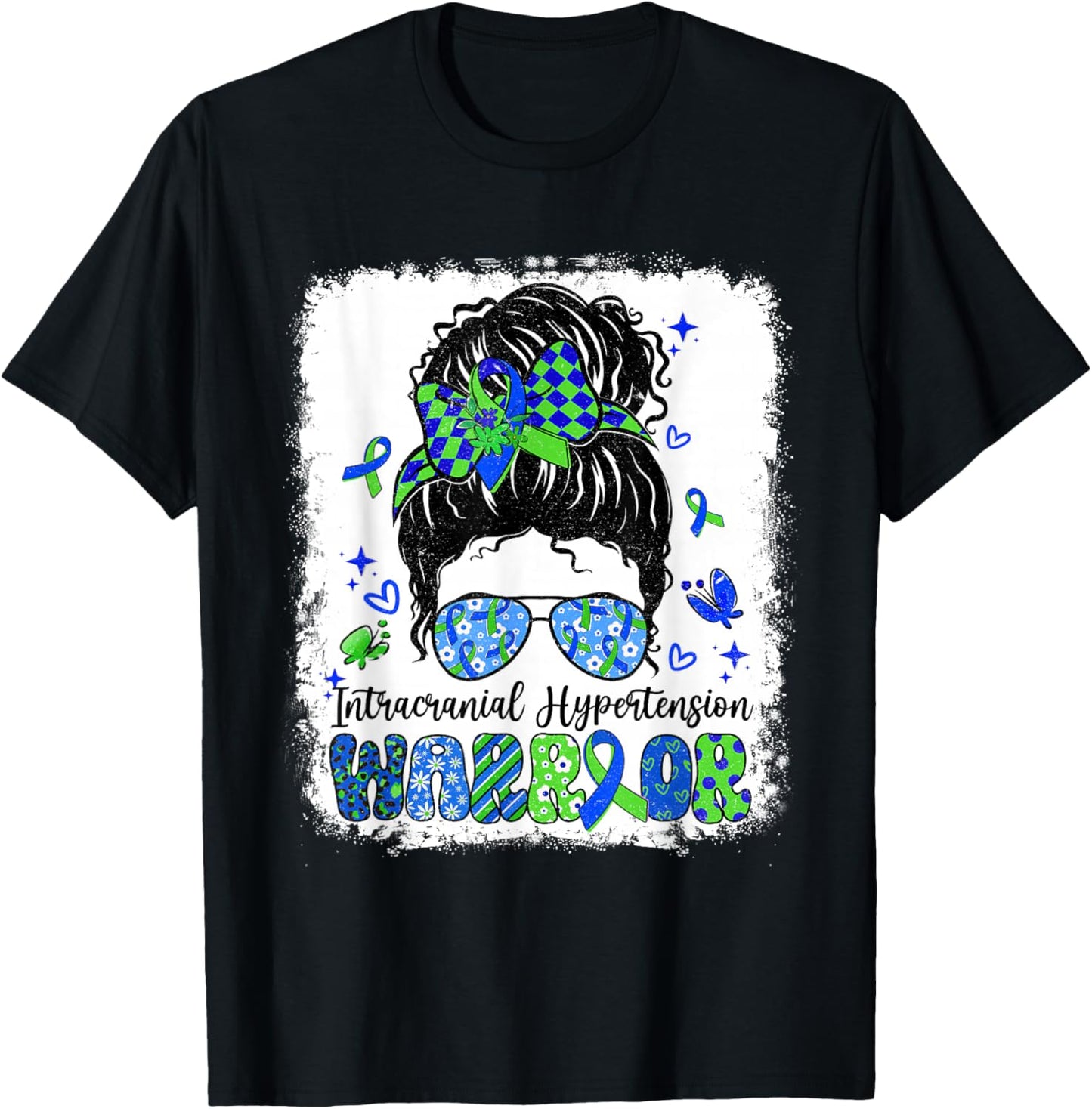 Warrior Messy Bun Green Blue Intracranial Hypertension T-Shirt - T-Shirt | Black