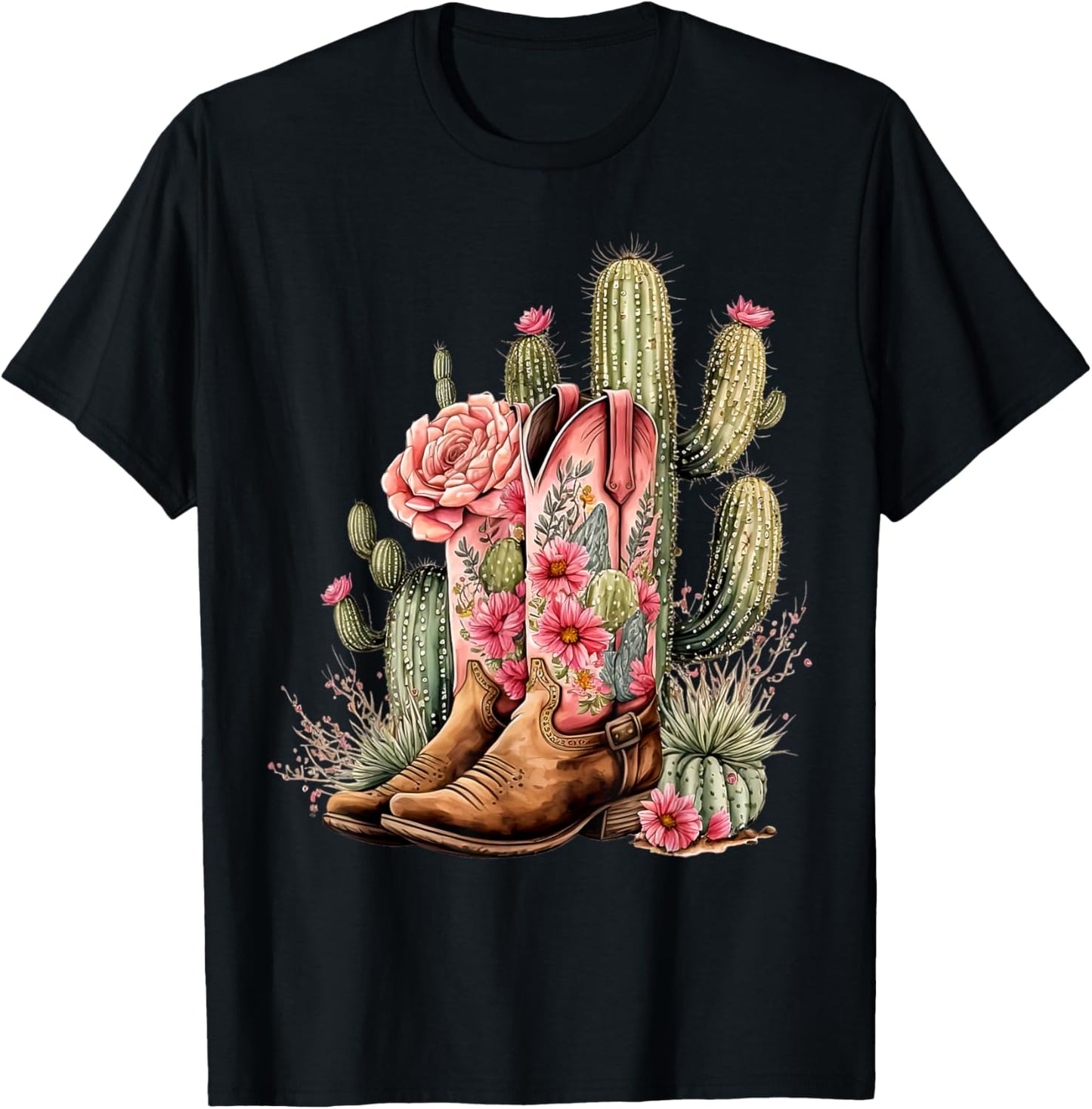 Retro Cowgirl Boots Floral Cactus Western Flower Teen Girls T-Shirt - T-Shirt | Black
