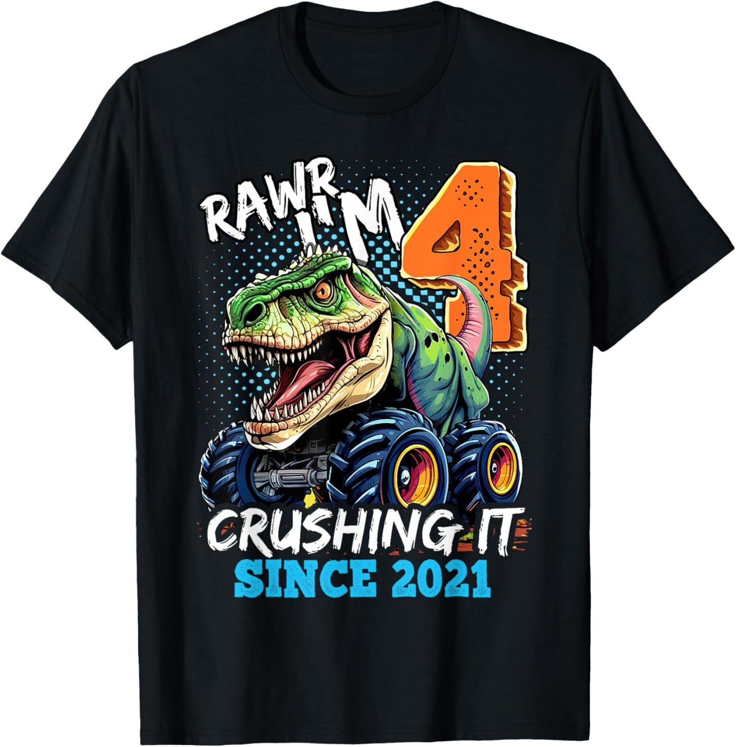 4th Birthday Monster Truck Dinosaur Party Boys Rawr I'm 4 T-Shirt - T-Shirt | Black