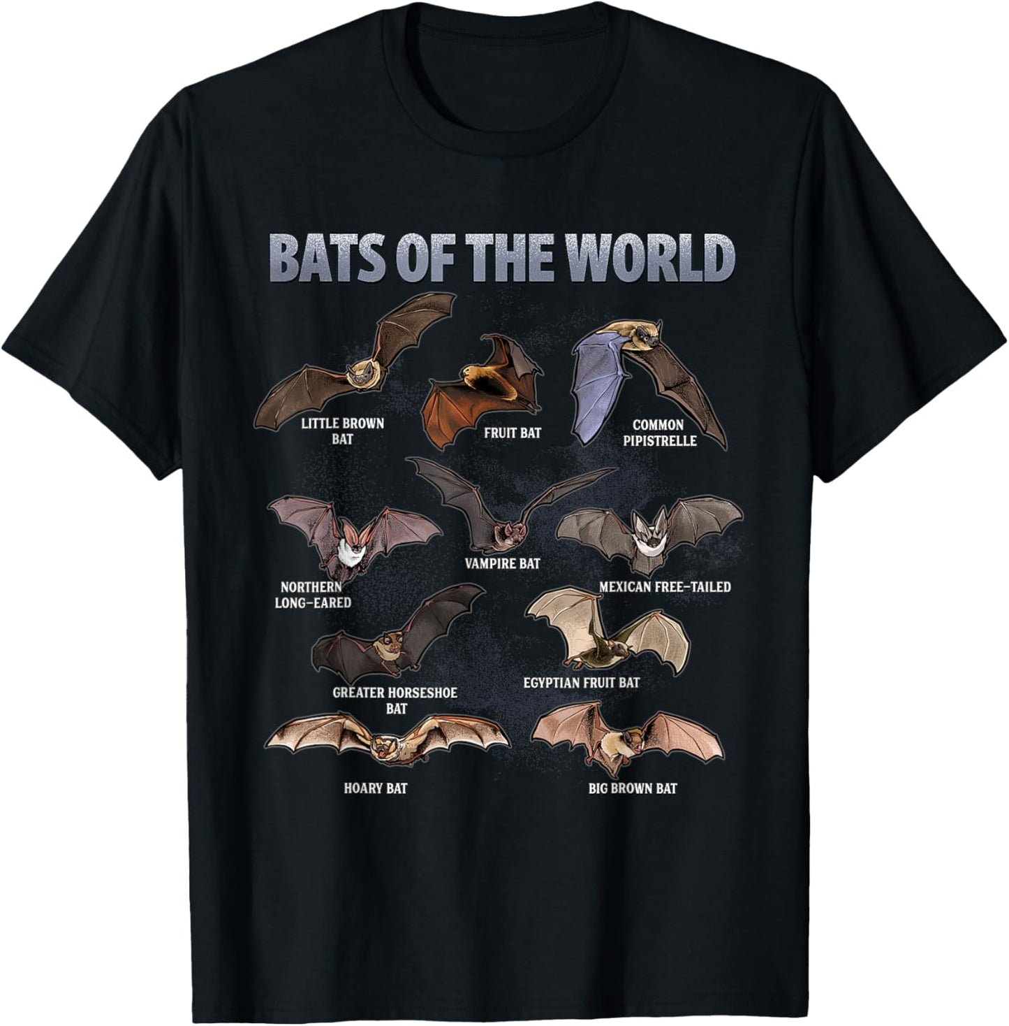 Bats of the World Educational Bat Species Chart T-Shirt - T-Shirt | Black