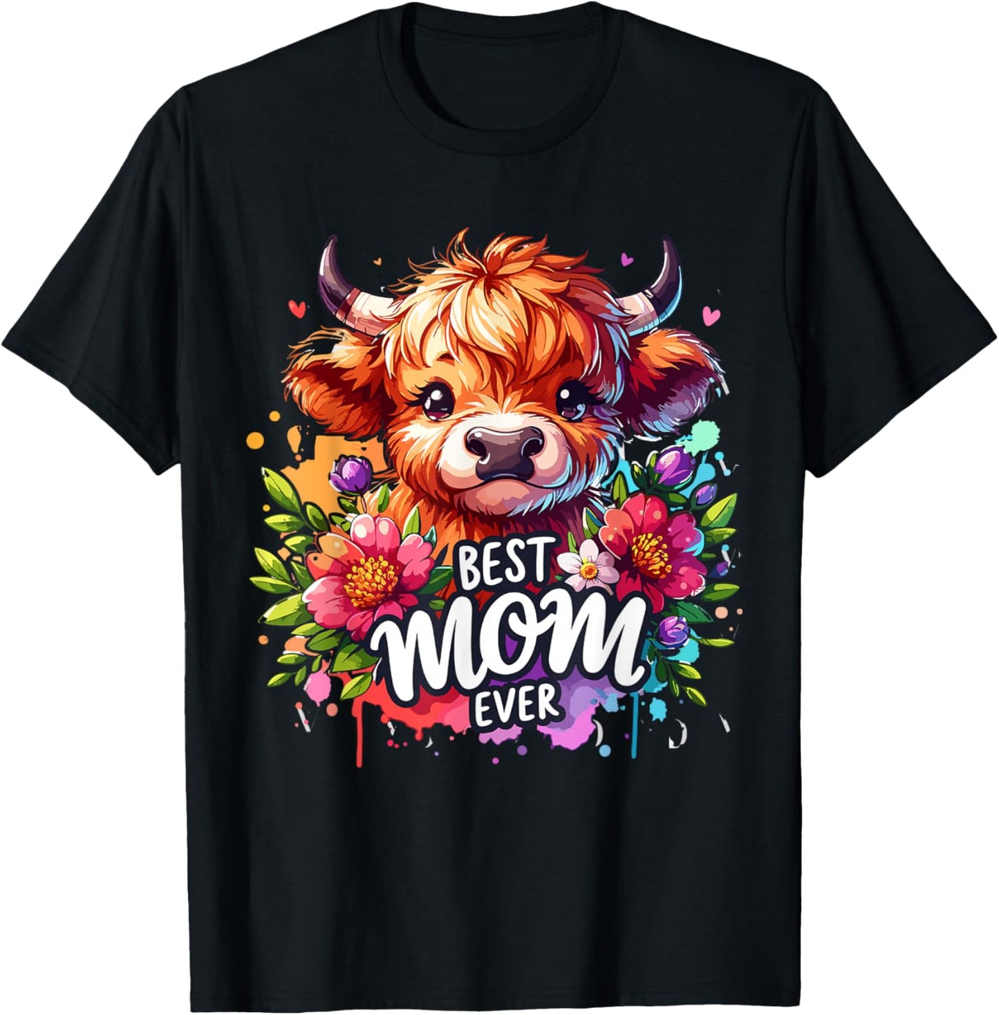 Best Mom Ever Highland Cow Floral Mother's Day T-Shirt - T-Shirt | Black