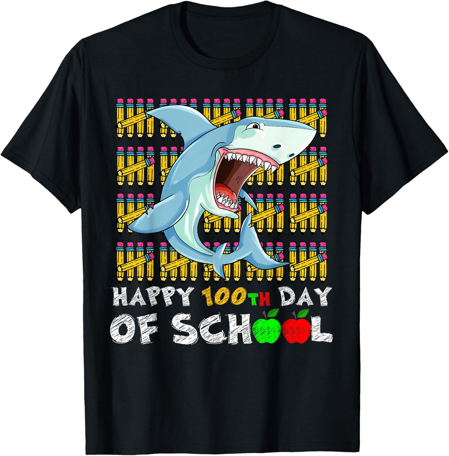 Happy 100th Day Of School Shark Funny Teacher Student Kids T-Shirt - T-Shirt | Black