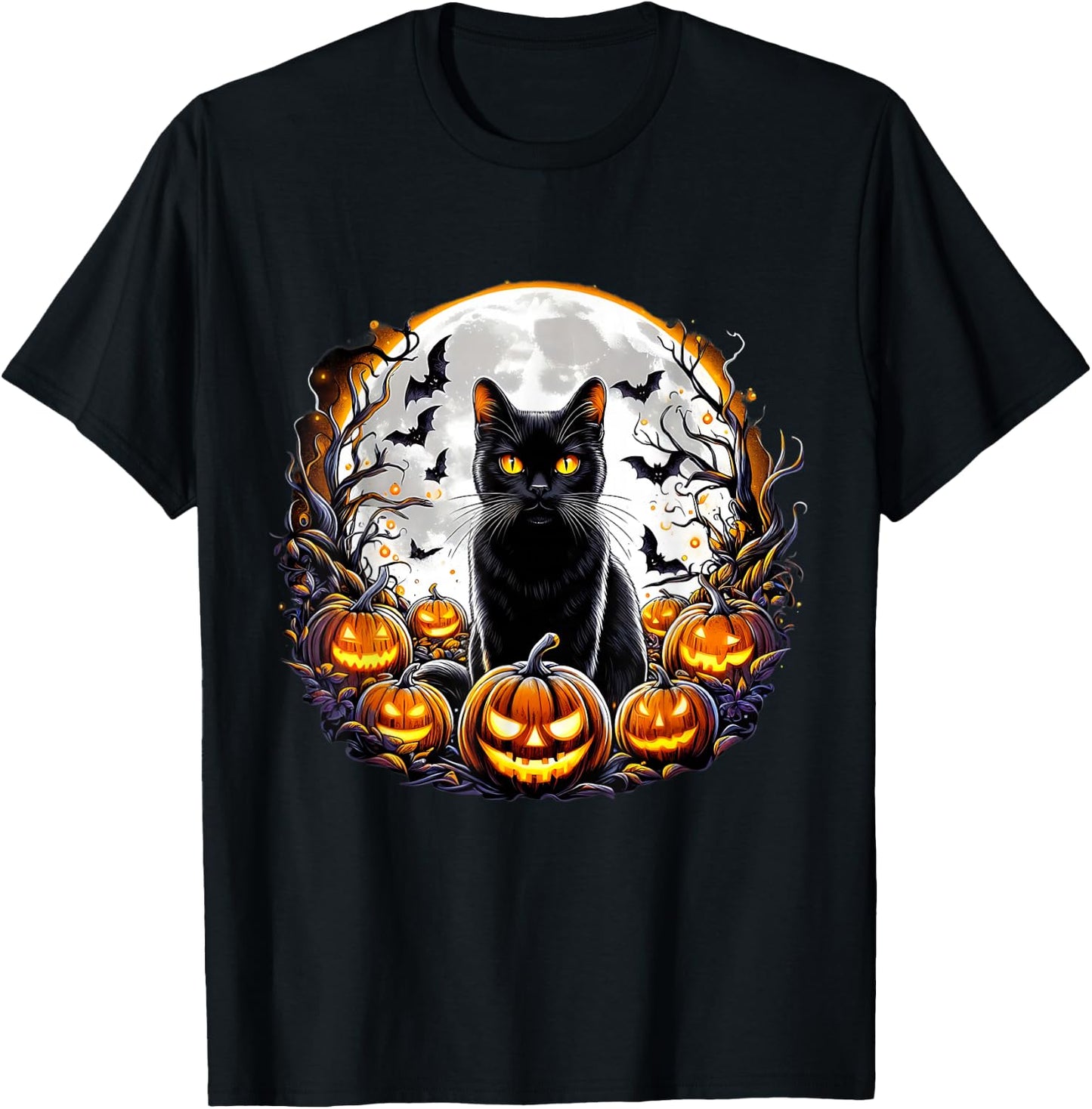 Black Cat Halloween Full Moon Bat Pumpkin Night Scary Women T-Shirt - T-Shirt | Black