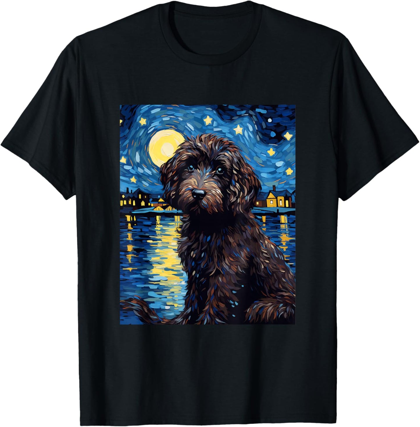 Portuguese Water Dog Starry Night Van Gogh T-Shirt - T-Shirt | Black