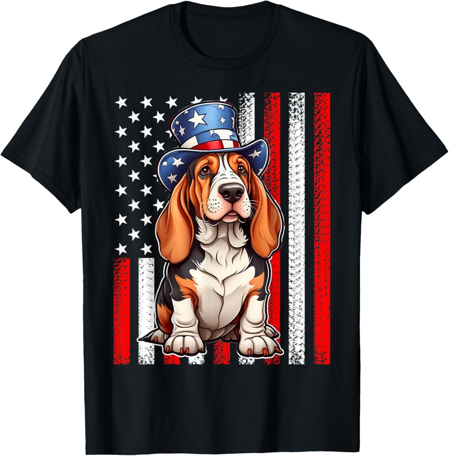 Pride Flag USA July 4 Patriotic Basset Hound Dog Lover T-Shirt - T-Shirt | Black