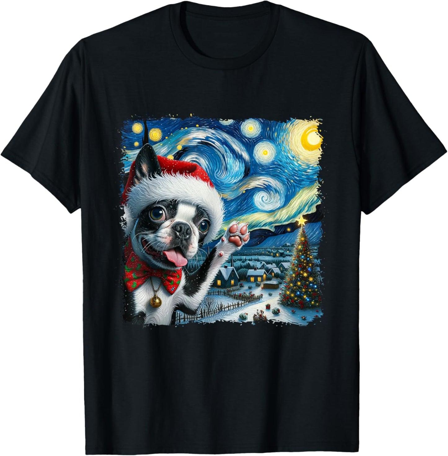 Boston Terrier Santa Starry Night Van Gogh Christmas Dog Men Women Kids T-Shirt - T-Shirt | Black