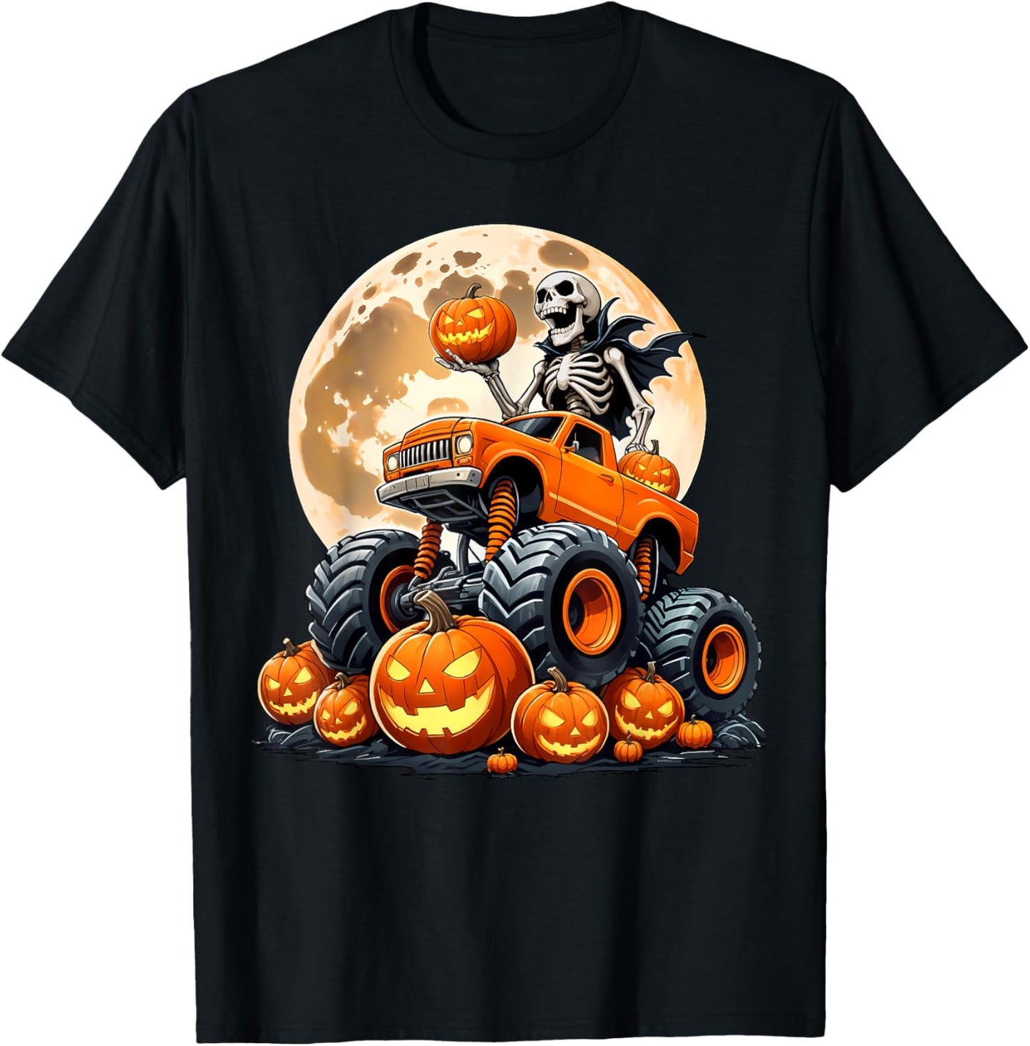 Skeleton Riding Monster Truck Halloween Pumpkin Kids Toddler T-Shirt - T-Shirt | Black
