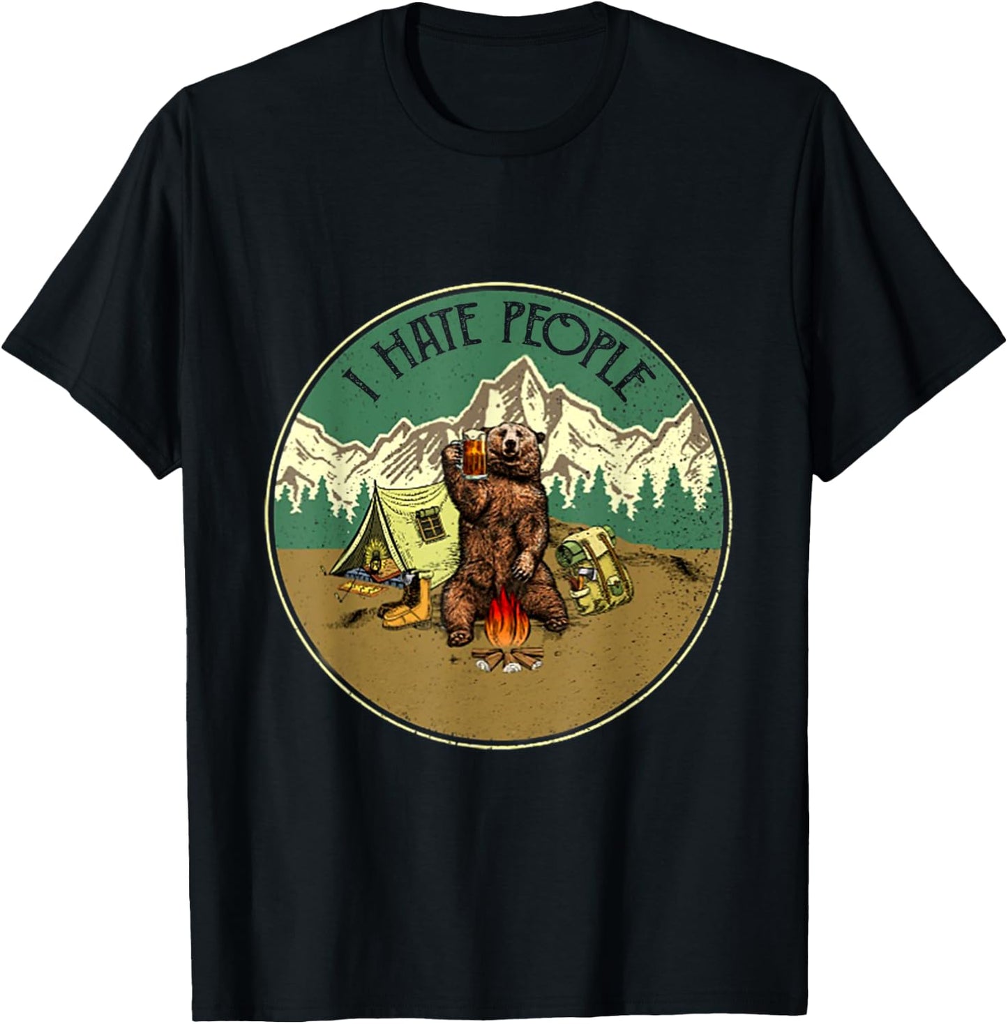 I Hate People Funny Bear Drinking Camper T-Shirt - T-Shirt | Black