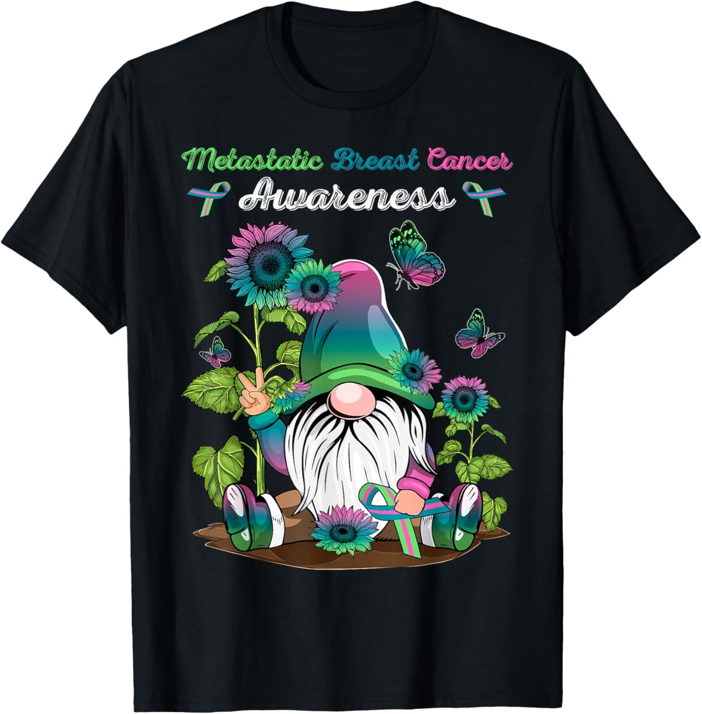 Metastatic Breast Cancer Gnome With Green Teal Pink Ribbon T-Shirt - T-Shirt | Black