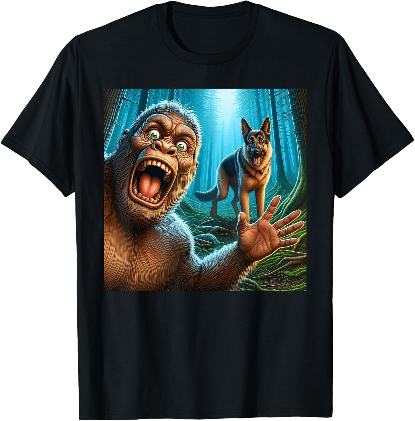 Bigfoot selfie with German shepherd surprised sasquatch T-Shirt - T-Shirt | Black