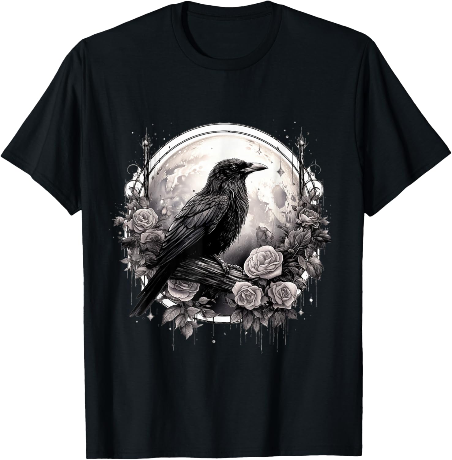 Raven Full Moon Gothic Witchy Crow Roses Mystical T-Shirt - T-Shirt | Black